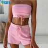 Yiciya Women Women Summer Strapless Crop Festival Top+Shorts 2 Peças Conjunto de Tie Amarelo Rosa Capuz Casual Roupa Solid Comfort Lounge Conjunto 220511