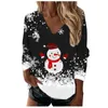 Dames t-shirt top kleine vrouwen dames kerstblouse bedrukte lange mouw v-neck sneeuwman print casual losse zwarte tops casualwomen's