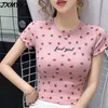 Camiseta de manga corta de cereza para primavera y verano, cuello redondo, combina con todo, camiseta pequeña delgada, top sexy con estampado de algodón JXMYY 210412