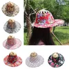 Wide Brim Hats Bamboo Foldable Hand Fan Sun Hat Women Sunhat With 2 In 1 Chinese Style Frame Floral PrintedWide Oliv22