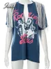 Joskaa T-shirt da donna con nappe stampate Top con scollo a V manica corta Y2K Punk Dance Top T-shirt da festa Casual Street Wear Design 220728