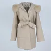 Oftbuy ponadgabaryt luźne mieszanki wełny kaszmirowej prawdziwa futra płaszcza zimowa kurtka Kobiet Naturalny futra kołnierz pasek odzieży wierzchniej 201221