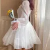 Casual Kleider Weibliche Elegante Koreanische Lolita Kleid Weiß Süße Fee Frauen Bogen Prinzessin Kawaii Party Quadrat Kragen Mini KleidCasual