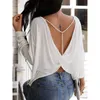 Women's Blouses -shirts Kruisbanden terug Pearl V Nek Sexy geplooide vrouwen T -shirts 2022 Spring Elegant Solid Casual Lady Top met lange mouwen