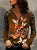 T-shirt da donna Moda donna Farfalla Stampa Cuciture in pizzo Pullover allentato a maniche lunghe Top Primavera T-shirt sexy con scollo a V con cernieraDonna