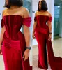 Plus Size Arabic Aso Ebi Burgundy Sheath Evening Dresses Velvet Strapless Evening Formal Prom Second Reception Birthday Engagement Party Gowns Dress