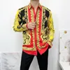 바로크 로얄 옐로우 셔츠 남성 유행 골드 플라워 톱 2022 럭셔리 디자이너 긴팔 파티 댄스 파티 클럽 남성 캐주얼 셔츠