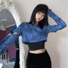 Tie Dye T Shirts Women Blue Recovable Sleeve Trendy Korean Style Chic Club Streetwear Female Crop Top Ins Sexy Slim Cozy 220728