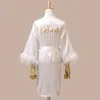 Vêtements de nuit pour femmes mariée mariage kimono robe demoiselle d'honneur maison robe de chambre femmes fausse soie vêtements de nuit avec ceinture plume peignoir décontracté