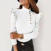 Fashion Turtleneck Long Sleeve Black White T Shirt Women Autumn Winter Buttons Ruffles Top T-shirt Woman Tshirt 220510