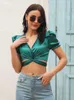 Women's Blouses & Shirts Plain Puff Sleeve Twist Front Tie Back Crop Blouse Top Women Sexy Deep V-neck Tight Hem Short Tops Summer Casual Sa