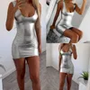 Stretch Mini Satin Dress Femmes Bretelles Sexy Slim Fit Bodycon Party Neon Silver Summer Dreses Double couche 220521