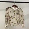 Women's Blouses & Shirts Tops Fashion Designer Blouse 2022 Spring Summer Korean Women Skew Collar Runway Flowers Print Long Sleeve Pure Silk