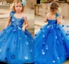 Cute 3D Flowers Little Girl's Pageant Gowns Lace Appliqued Sheer Neck Puffy Princess Flower Girl Dresses For Wedding Cap Sleeves Formal Dress For Kids Toddler CL0133