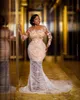 2022 Plus Size Arabic Aso Ebi Luxurious Lace Beaded Wedding Dress Sheer Neck Vintage Bridal Gowns Dresses ZJ904