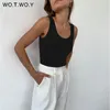 WOTWOY Summer Stretched Knitted Tank Tops Women Sleeveless Solid Casual Tee Shirt Female O-Neck Black White Cropped 220325