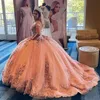 Pfirsichrosa mexikanische Quinceanera-Abschlussballkleider Blumenspitze Teen Sweet 15 Kleid Perlen Vestidos De 16 A￱os Geburtstagskleidung