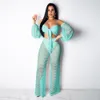 Hollow Out See Through Sexy Two Piece Pants Lantern Sleeve Bow Bandage Crop Top And Straight Wide Leg Pant