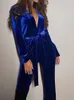 Kvinnors tvåbitar byxor Kvinnor Autumn Retro Soft Simple Velvet Texture Casual Trousers Set Kvinnlig fast färg V-Neck Lace-Up Slim Blue Suits