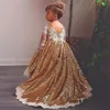 Vestidos de menina bebê menina criança vestido de lantejoulas de lantejas de ouro vestido de flor das garotas da festa da festa da primeira comunicação