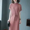 Parti Elbiseleri Gevşek Örgü Kadınlar Giyim Yaz Vintage 2022 Katı O yakalı kısa kollu ince bandaj diz boyu gündelik tüm eşleşme kadın çekme