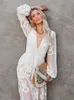 Summer Women's Clothing Lace Dress Long-Sleeve V-ringen Hollow Out Beach Dress V-Neck Embroidered White Maxi Dress CX220331