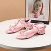 2022 Women Genuine Leather Pearl 2.5CM Chunky Heels Sandals Summer Flip-flops T-tied Slipper Slip-on Wedding Dress Gladiator Shoes Buckle Strap Party Size 35-43