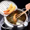 Japanese Deep Fryer With Thermometer and Lid 304 Stainless Steel Kitchen Tempura Fryer Pan Without Oil