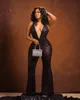 Black Deep V Neck Sequined Jumpsuit Prom Dresses Aso Ebi Arabiska ärmlös Sexig afrikan Se genom aftonklänningar plus storlek