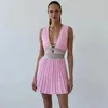 Falten Mini Dres Sexy V-Ausschnitt Mode Nähen Ärmellose Slim Kleider Weibliche Party Vestidos 220423