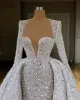 2022 Paillettes scintillantes Robes de mariée de sirène Overskirt Robe nuptiale manches longues Sweep Train Crystals Cystals Custom Made Made plus
