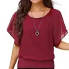 5xl Plus Size Summer Chiffon Bluuses Women Solid Color Batwing hylsa tröjor Casual o-hals Kort ärm Loose Tops L220705