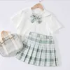 New Summer Toddler Girls Sailor Style Vêtements Ensembles Sweet Cute Fashion Enfants Infant 2 pièces Costumes Baby Bow Shirt + Jupe plissée G220509