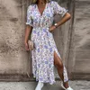 Summer Floral Print Dress Women Sexy V Neck Side Slit Elegant Long Female Casual Short Sleeve Button Party Vestidos 220521