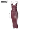 Elegante Dames Winter Leren Jurk Nachtclub Dame Sexy Midi Ruglooze Mouwloze Spaghetti Party Bodycon Jurk PR1988G 22051323g