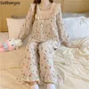 Vrouwen zoete printing pyjama sets lente herfst lange mouwen lange mouwen losse nachtkleding comfort schattig meisje vierkante kraag lounge slijtage l220803