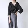 Women's Blouses & Shirts For Woman 2022 Korean Fashion Office Wear Designs Tops Three Quarter Sleeve Female Tunic Black Side Button Shirt DD