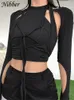 Nibber Gothic hollow tshirt 2 pieces crop top summer black Punk bandage tassel high streetwear party cotton tees female 220714