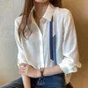 H Han Queen Vrouwen Lente Herfst Single Breasted Kraag Shirts Kantoor Werk Blouse Chiffon Vintage Losse Tops 220726