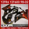 Kit carrozzeria per YAMAHA YZF R6 R 6 YZF600 600CC YZFR6 98 99 00 2001 2002 Corpo 145No.193 YZF 600 CC YZF-600 98-02 Carenatura YZF-R6 1998 1999 2000 01 02 OEM Carena in metallo arancione nero