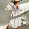 Женские купальники белый кружевной кардиган увидимся через длинную блузку Женщины бикини прикрытие винтаж сексуально бохо пляж Лето 2022. Вестидо -хала