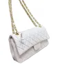Womens Pre-Collection Pearly Pink White Bag Classic Double Flap Lambskin Quilted Iridescent Gold/Silver Metal Hardware Chain Crossbody Shoulder Pochette Purse 26C