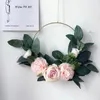 装飾的な花の花輪人工花輪鉄のリングハンギング花柄の飾りピンクローズシミュレーションガーランドドアウォールホームパーティー装飾