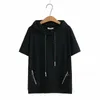 レディースプラスサイズTシャツコットンジッパーフード半袖ルースTシャツ2022夏のカジュアルブラックホワイトレディースTシャツ2137