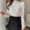 Uzun Kollu Stand Yakası Şifon Bluz Gömlek Kadın Blusas Mujer de Moda Giyim Kadın Tops Blusa E127 220407