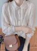 Kvinnors blusar Kvinnors skjortor Deeptown Cottagecore Chiffon Blue Women Lace Doll Colared Shirt Western Style Button Up Tops Mori