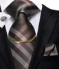 Bow Ties Hi-Tie Brown Plaid Business Mens Tie Silk Luxury Nickties Fashion Chain Hanky Cufflinks Set Design Gift For Men WeddingBow