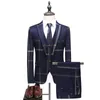 3-częściowy (kurtka + kamizelka + spodnie) Nevy Blue Men Garnitur Krawiec Ślubny męski Slim Fit Plaid Business Tuxedo