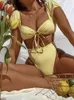 Hot Sexy Scollo a V Puff Manica corta Bikini Set Donna Coulisse Lace Up Top Perizoma Costumi da bagno Donna Imbottito Due pezzi Beach Bather Y220420