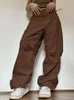 Cuteandpsycho surdimensionné solide Joggers Tech pantalon taille haute Streetwear mode marron Baggy pantalon Y2K décontracté Vintage vêtements 220719